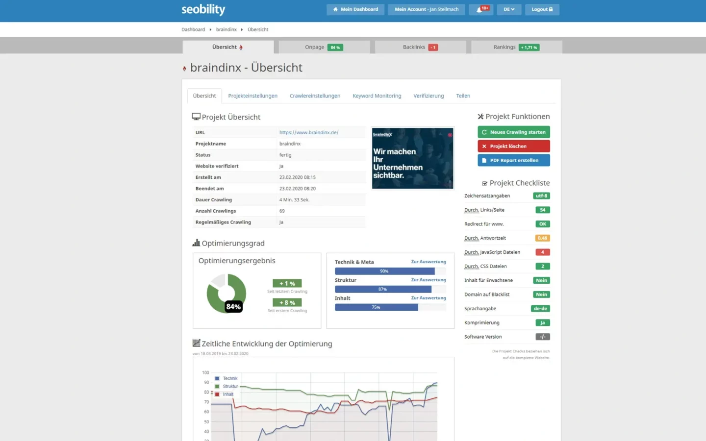 Screenshot Seobility braindinx Übersicht