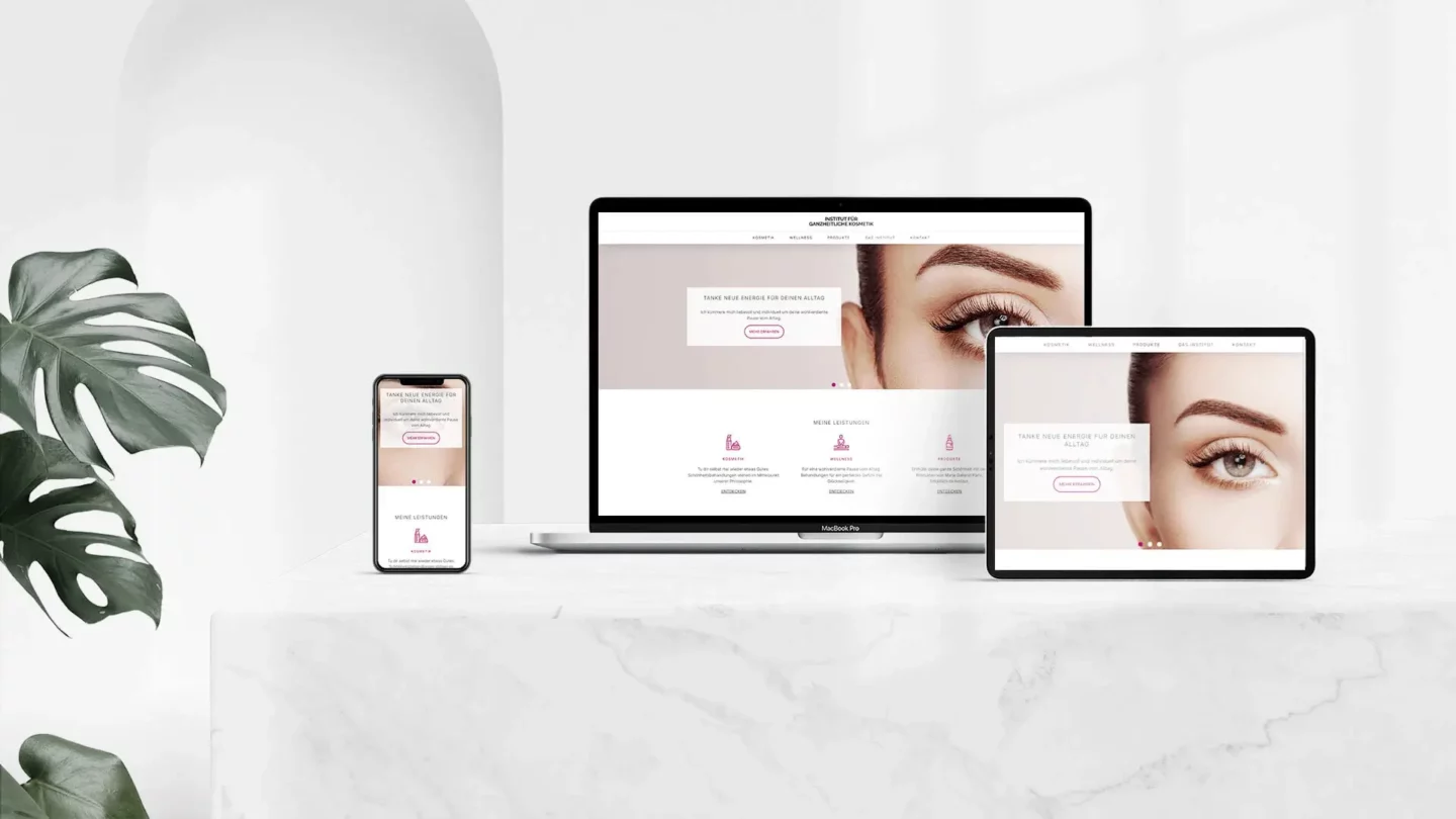 Verschiedene Bildschirmansichten mit Websitedesign für Institut für ganzheitliche Kosmetik